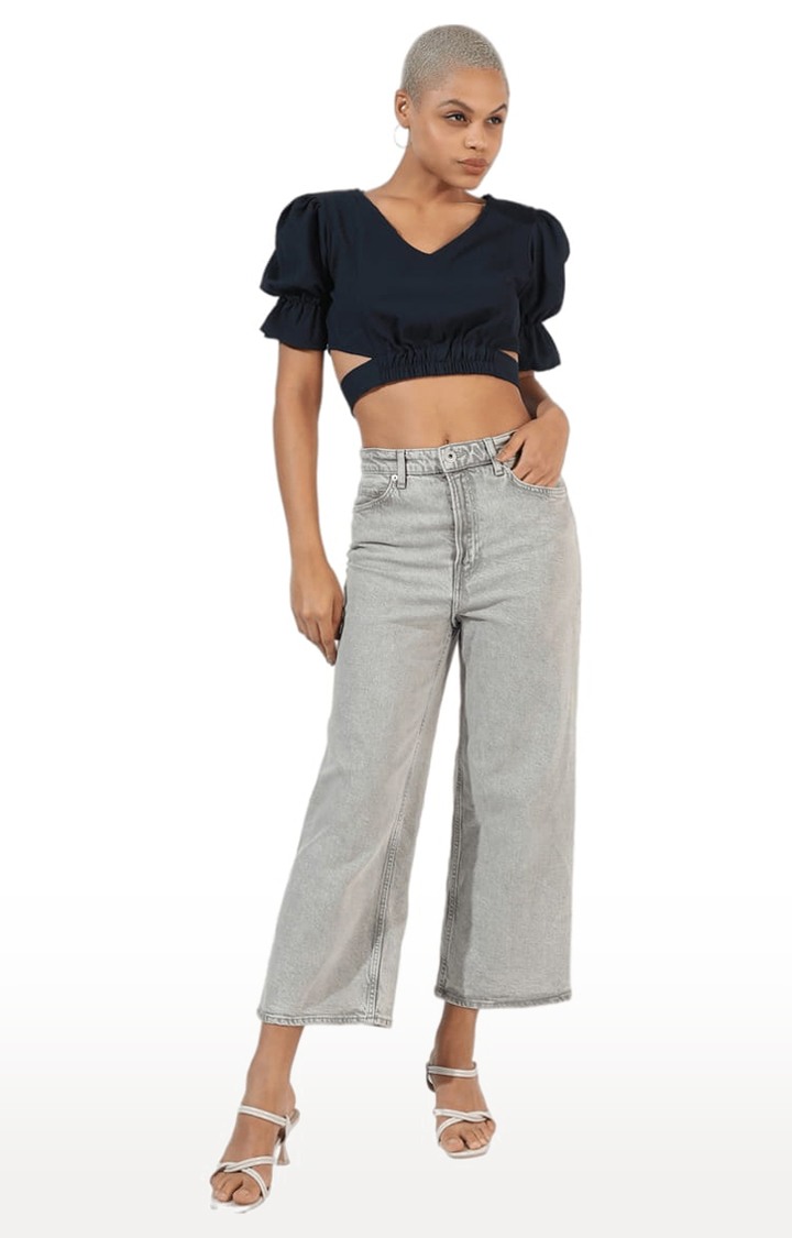 Women's Blue Solid Crop Top