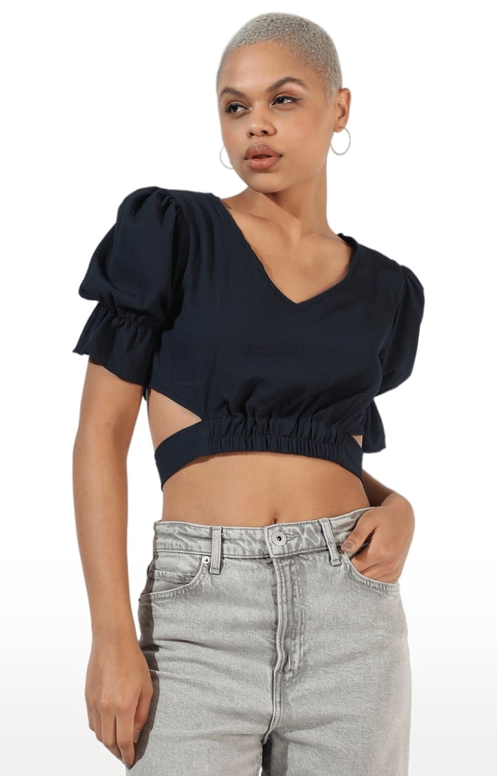 Women's Navy Blue Polyester Solid Crop Top