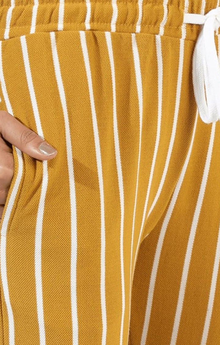 Women's Yellow Striped Cotton Casual Pants