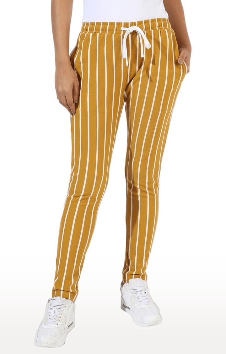 Women's Yellow Striped Cotton Casual Pants