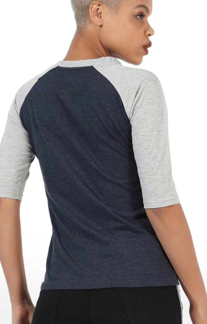Women's Navy Blue and Grey Cotton Colourblock Regular T-Shirt