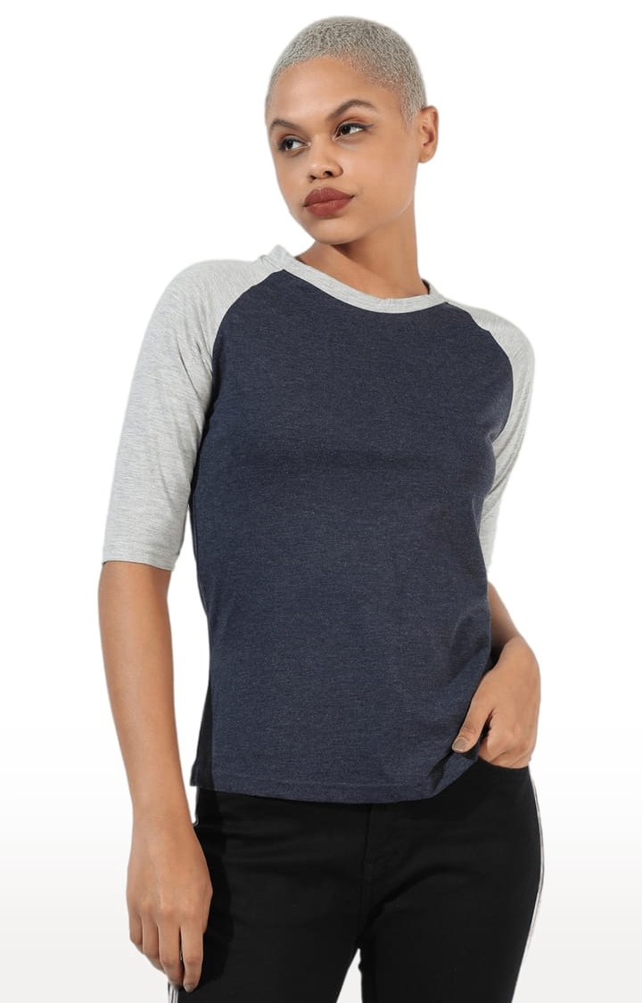 Women's Navy Blue and Grey Cotton Colourblock Regular T-Shirt