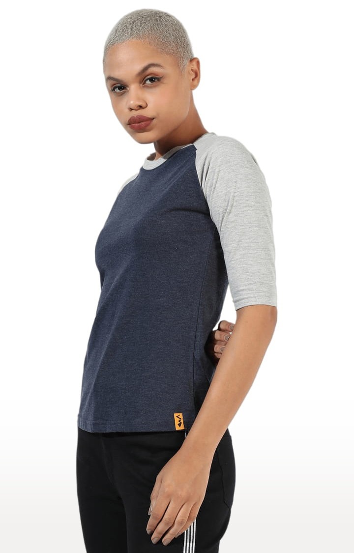 Women's Navy Blue and Grey Cotton Colourblock Regular T-Shirt