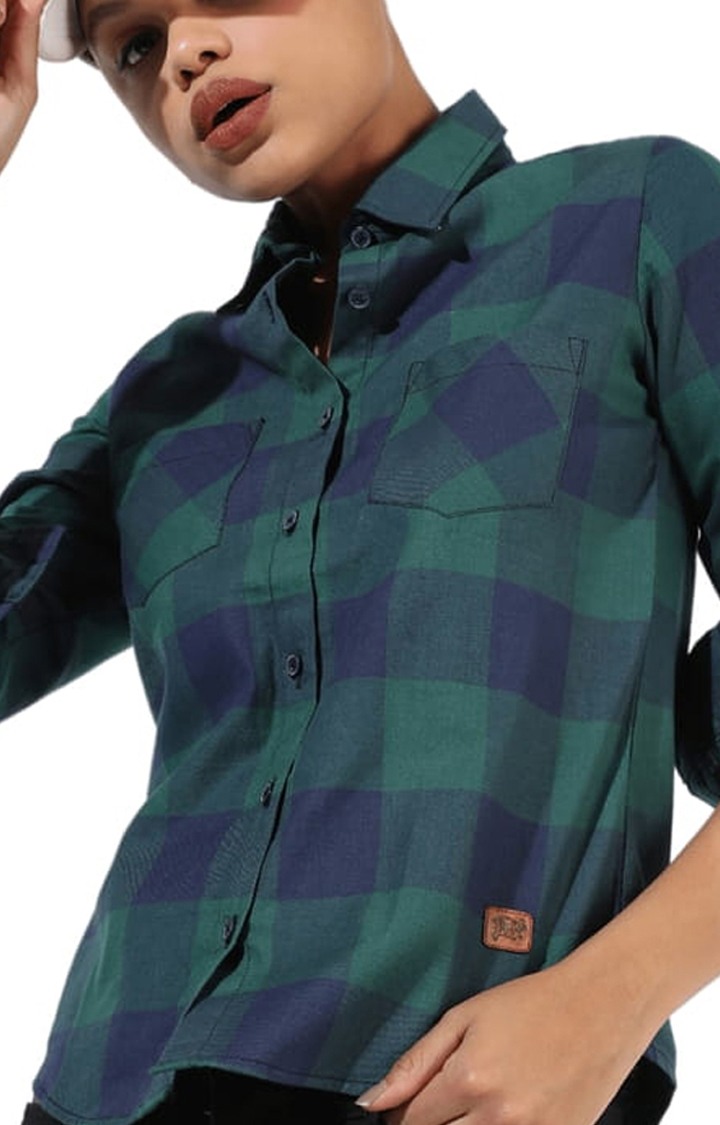 Women's Green and Blue Cotton Checkered Casual Shirt