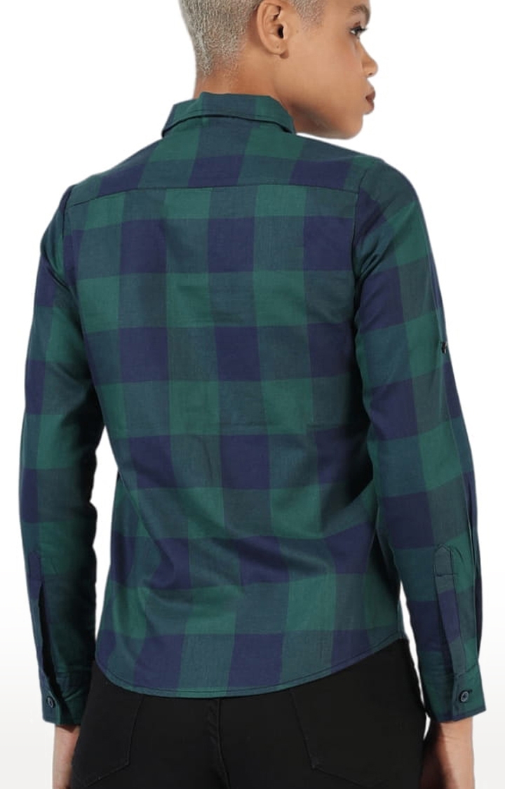 Women's Green and Blue Cotton Checkered Casual Shirt
