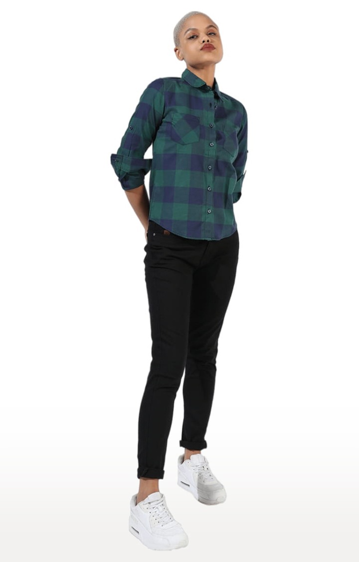 Women's Green and Blue Cotton Checkered Casual Shirt