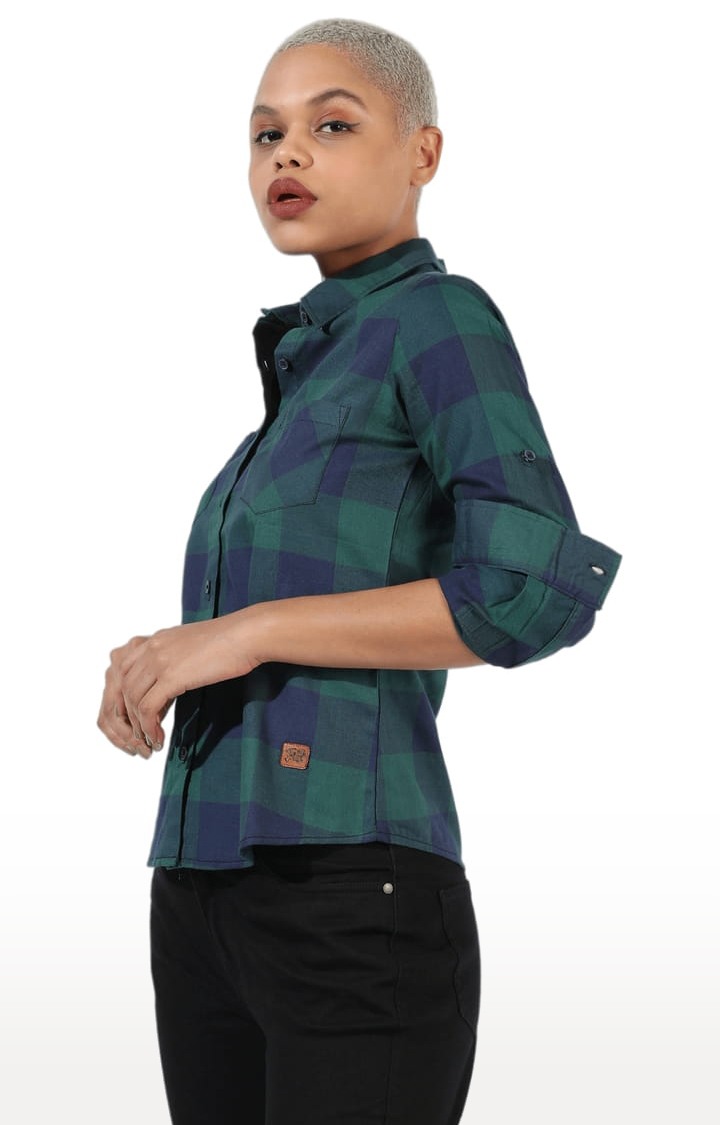 Women's Green and Blue Cotton Checkered Casual Shirt