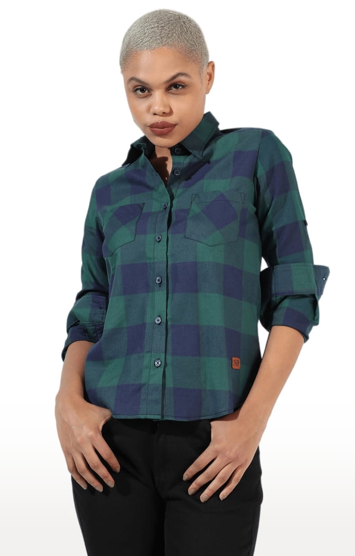 Women's Green and Blue Cotton Checkered Casual Shirt