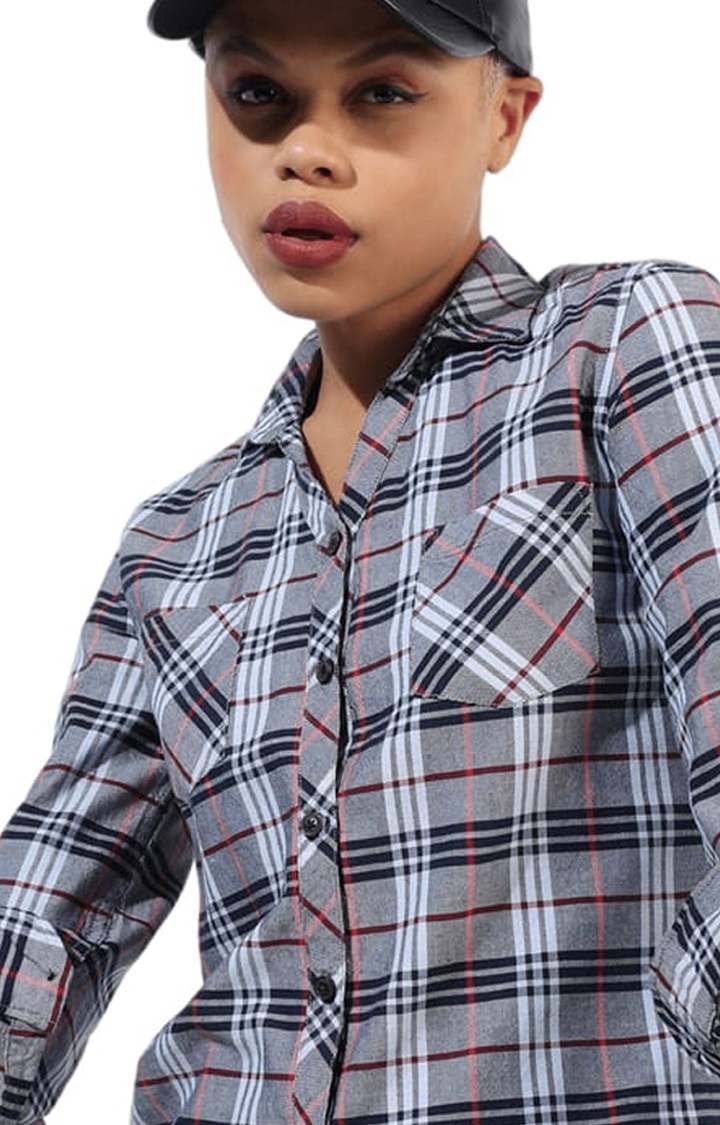 Women's Grey Cotton Checkered Casual Shirt