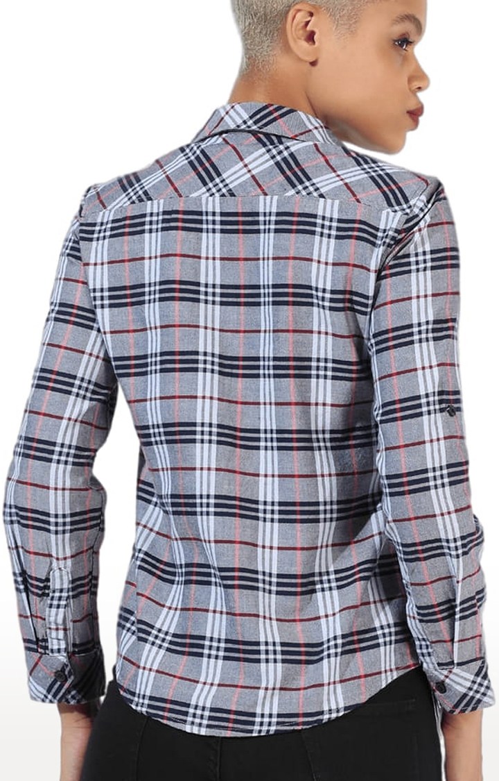 Women's Grey Cotton Checkered Casual Shirt