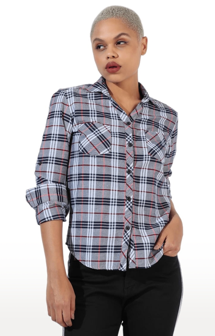 Women's Grey Cotton Checkered Casual Shirt