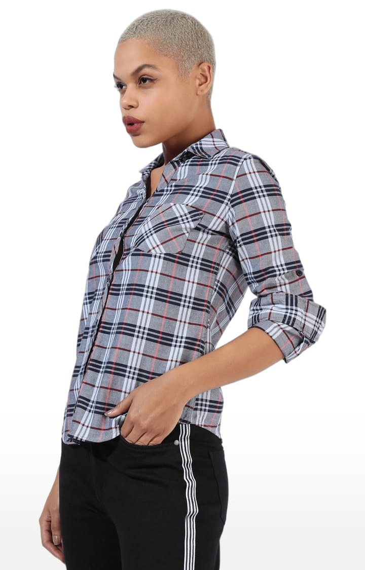 Women's Grey Cotton Checkered Casual Shirt