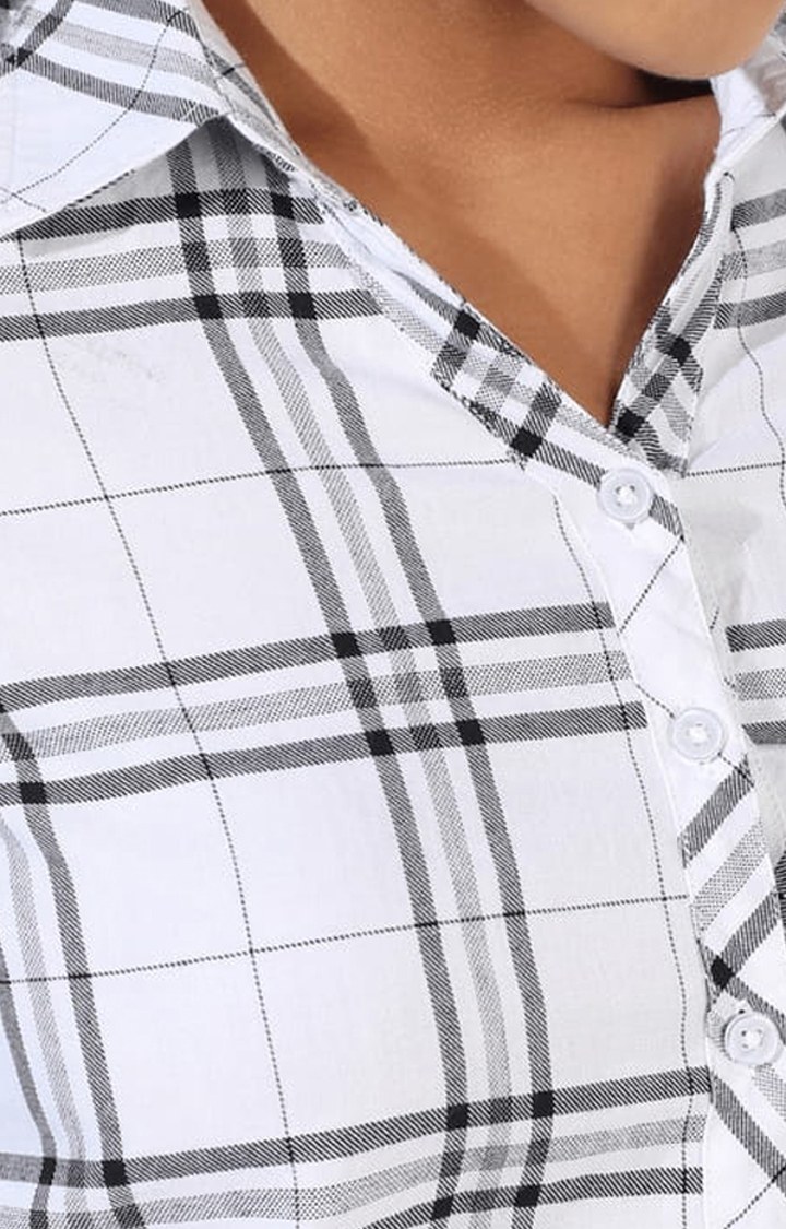 Women's White Cotton Checkered Casual Shirt