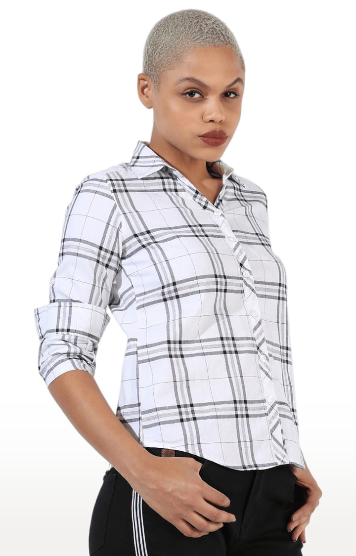 Women's White Cotton Checkered Casual Shirt