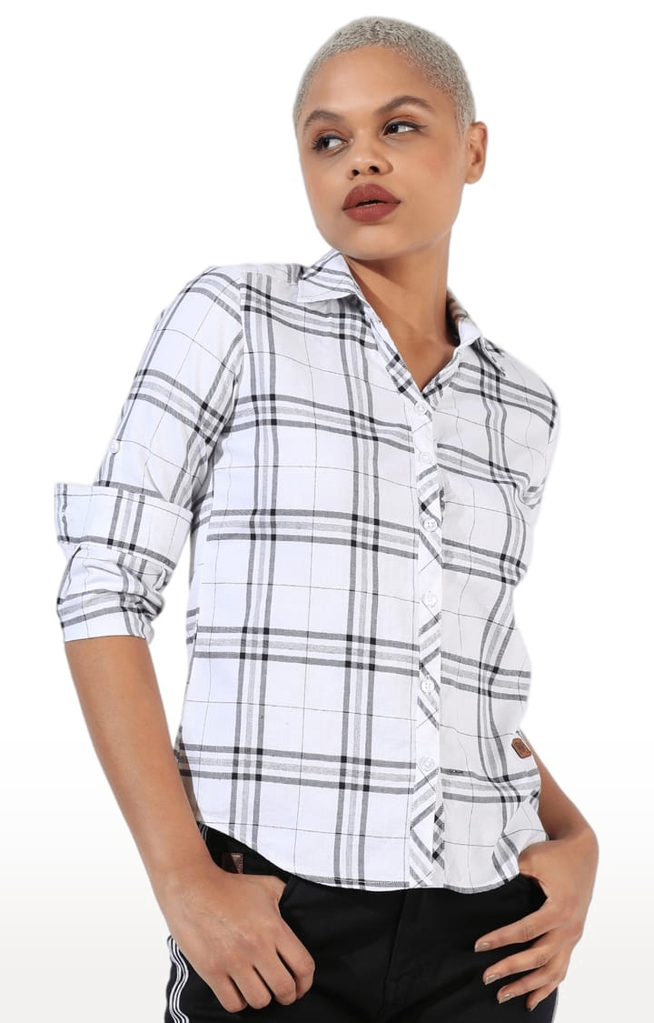 CAMPUS SUTRA | Women's White Cotton Checkered Casual Shirt