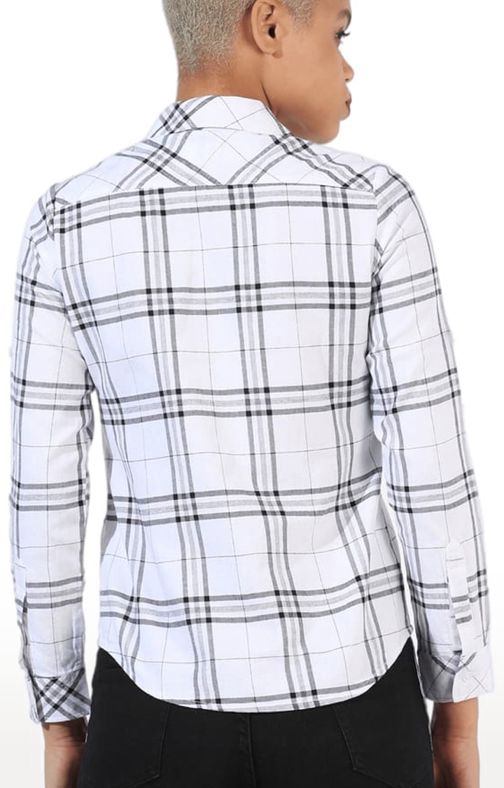 Women's White Cotton Checkered Casual Shirt