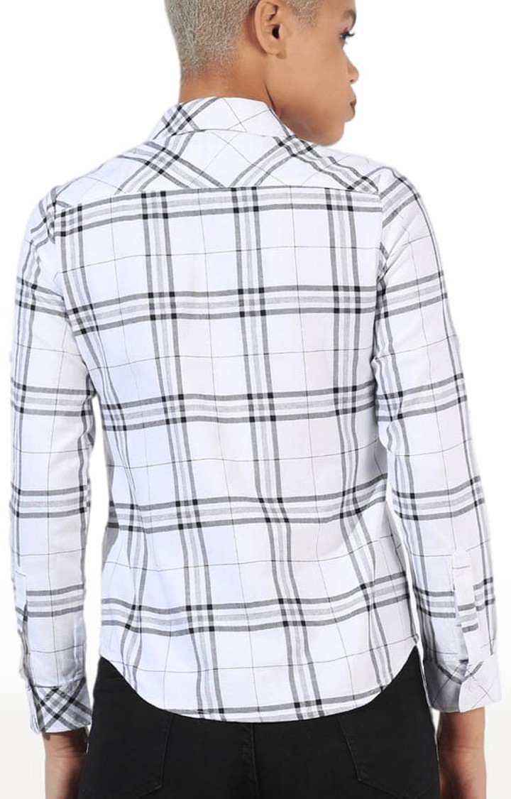 Women's White Cotton Checkered Casual Shirt