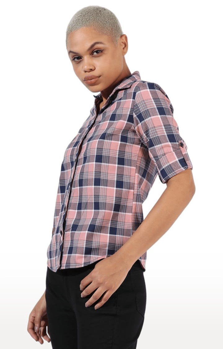 Women's Pink Cotton Checkered Casual Shirt