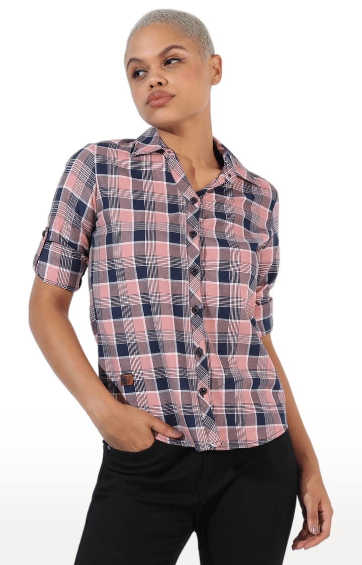 CAMPUS SUTRA | Women's Pink Cotton Checkered Casual Shirt