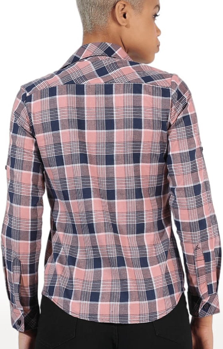 Women's Pink Cotton Checkered Casual Shirt