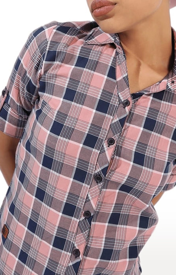 Women's Pink Cotton Checkered Casual Shirt