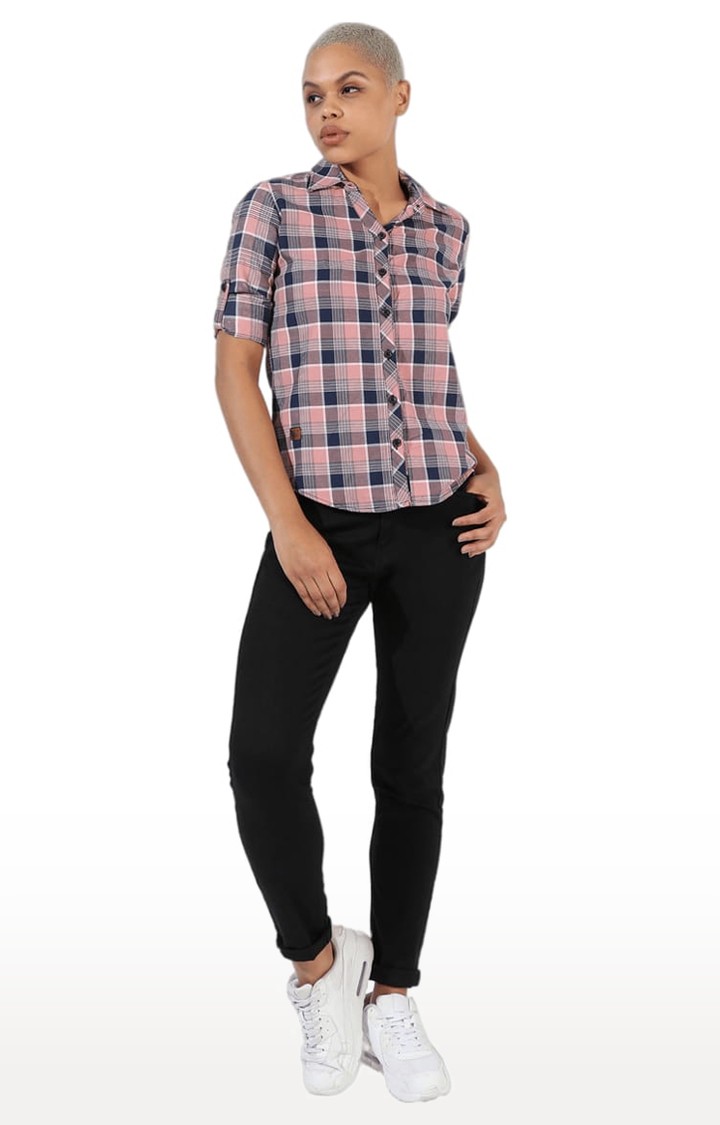 Women's Pink Cotton Checkered Casual Shirt