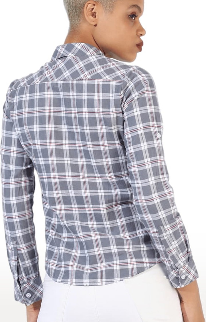 Women's Grey Cotton Checkered Casual Shirt