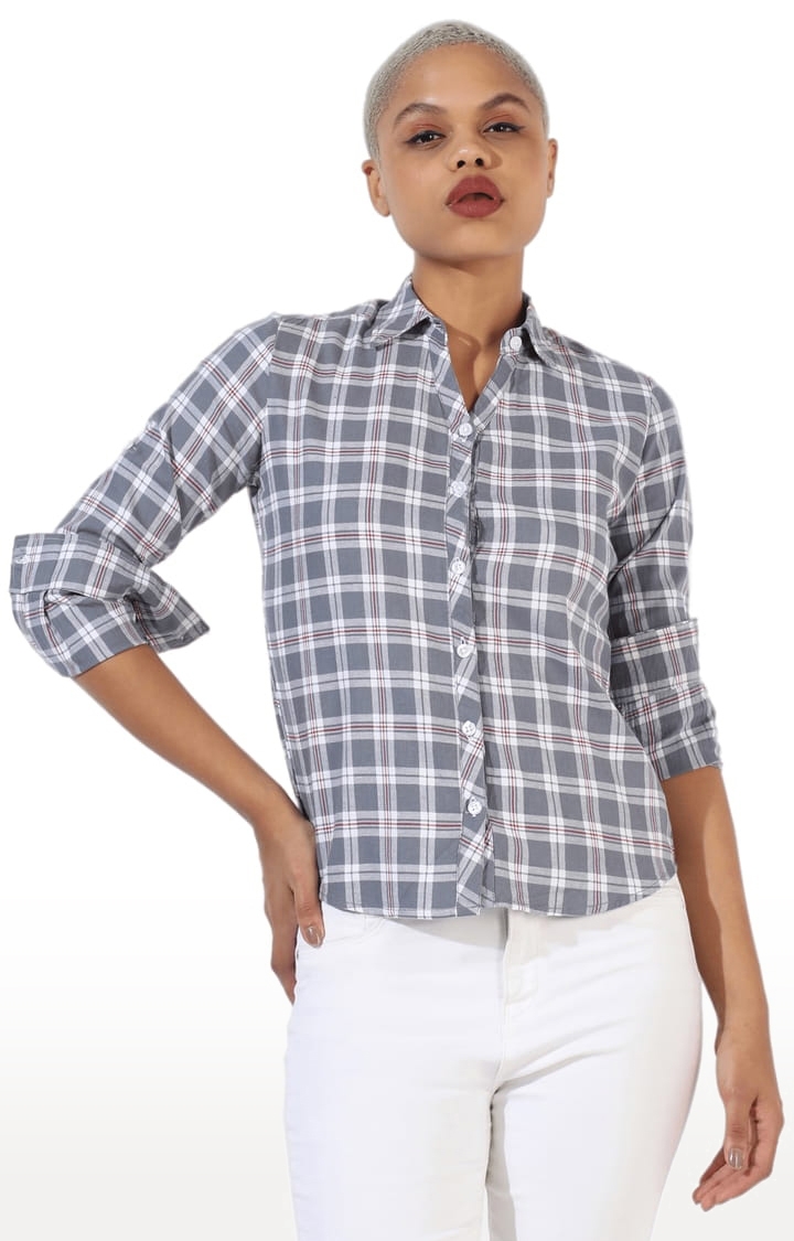 CAMPUS SUTRA | Women's Grey Cotton Checkered Casual Shirt