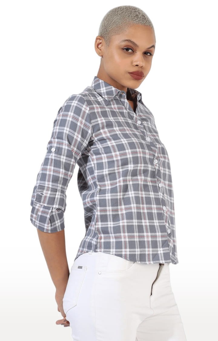 Women's Grey Cotton Checkered Casual Shirt