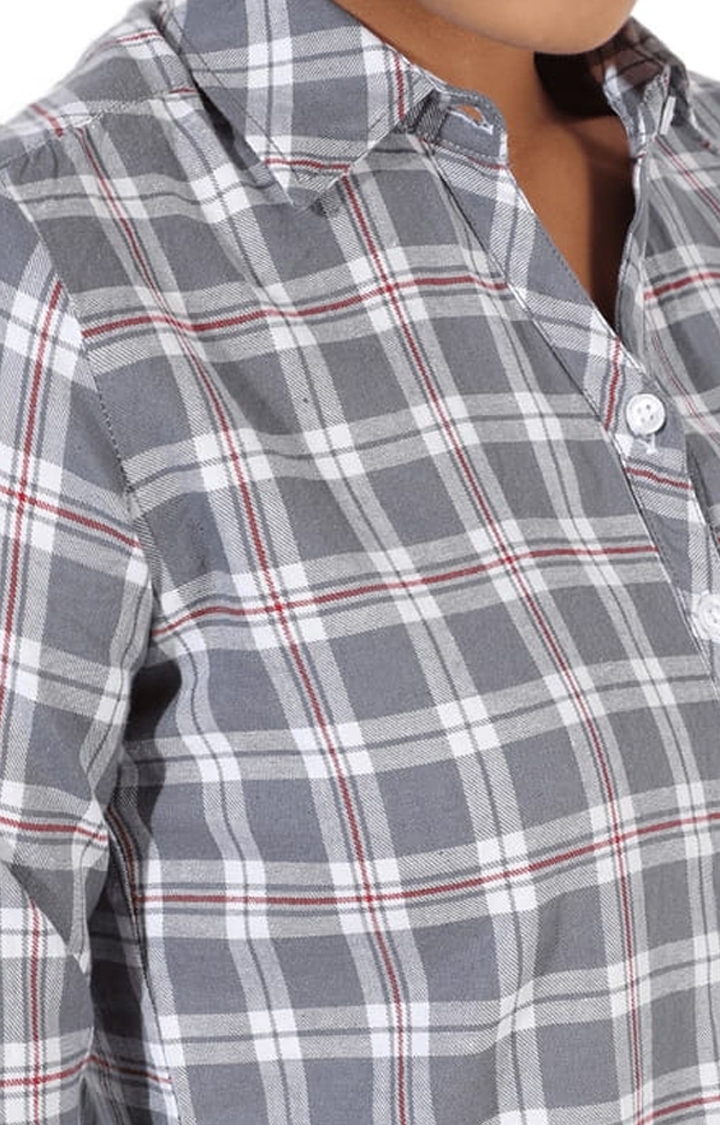 Women's Grey Cotton Checkered Casual Shirt