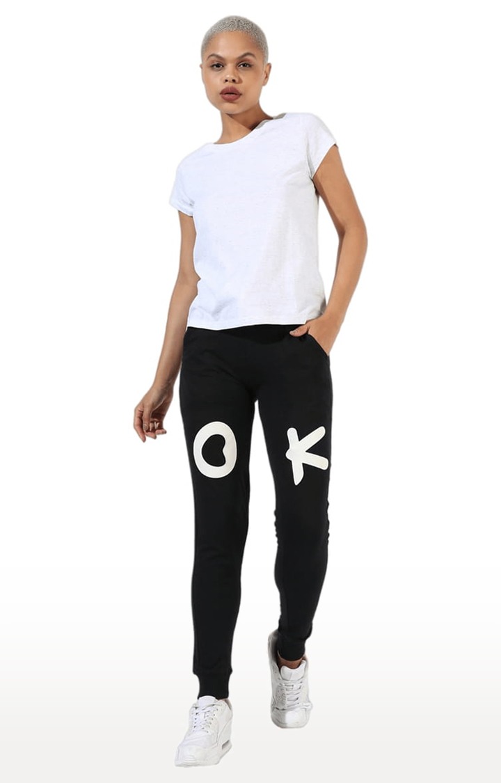 Women's Black Typographic Cotton Trackpants