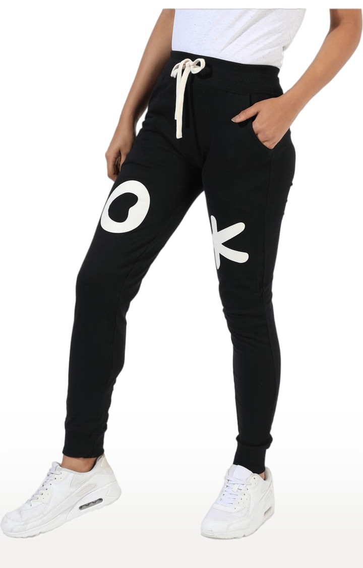 Women's Black Typographic Cotton Trackpants
