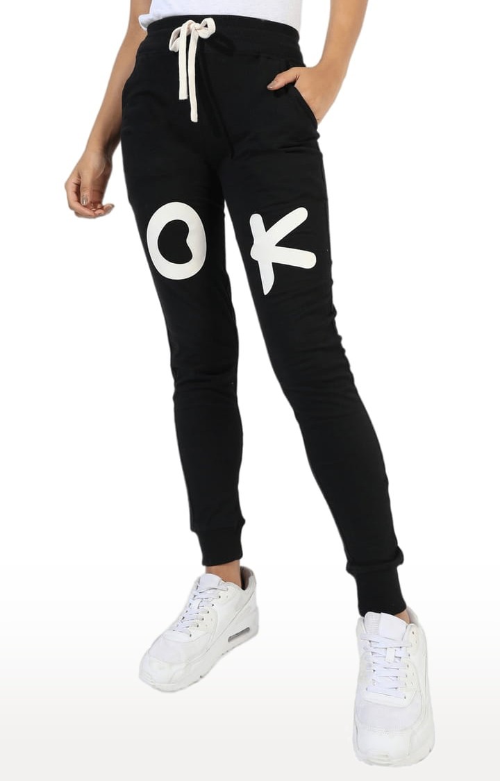 Women's Black Typographic Cotton Trackpants