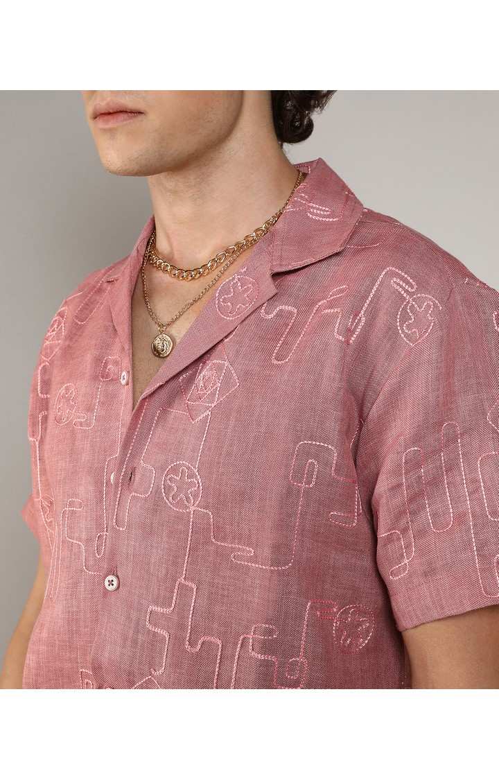 Men's Pink Embroidered Casual Shirts