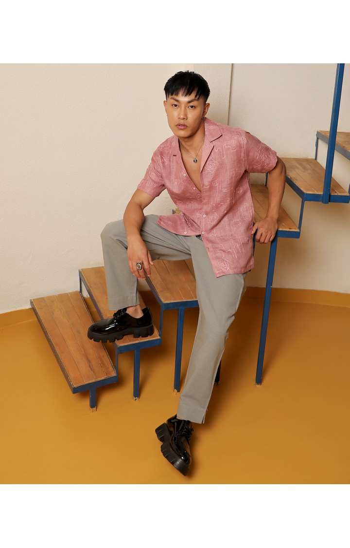 Men's Pink Embroidered Casual Shirts