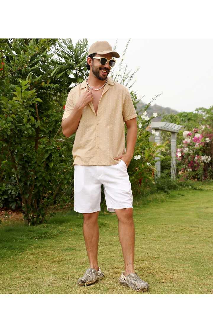 Men's Beige Embroidered Casual Shirts