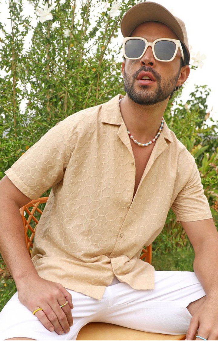 Men's Beige Embroidered Casual Shirts