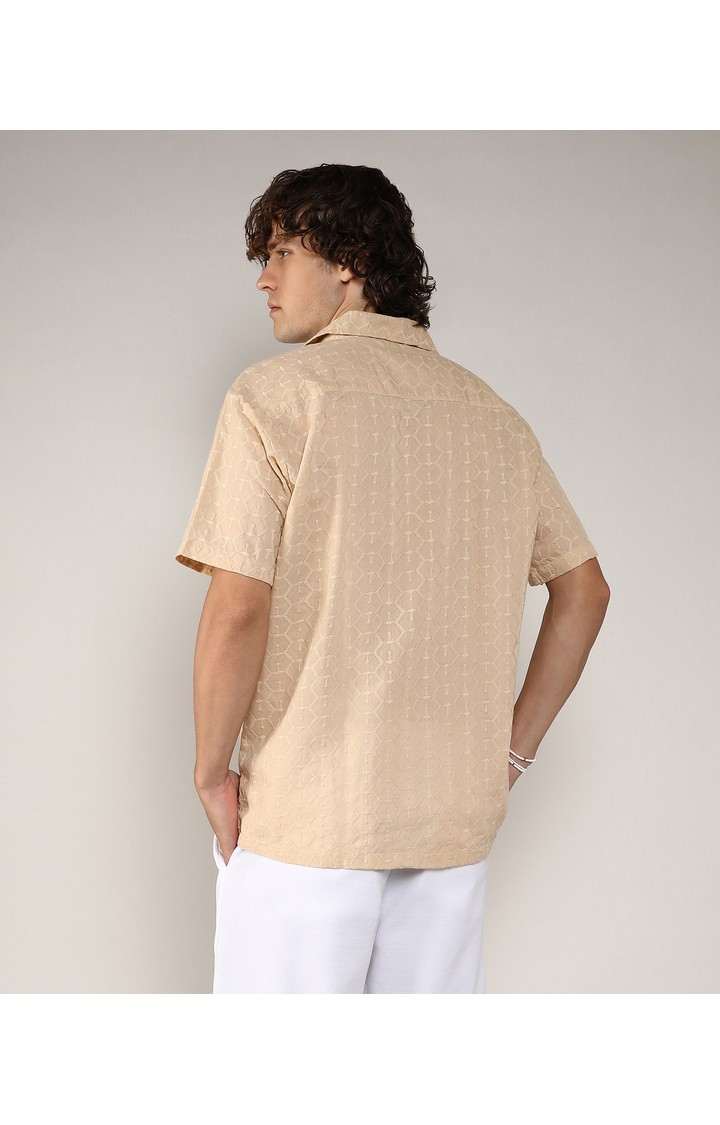 Men's Beige Embroidered Casual Shirts