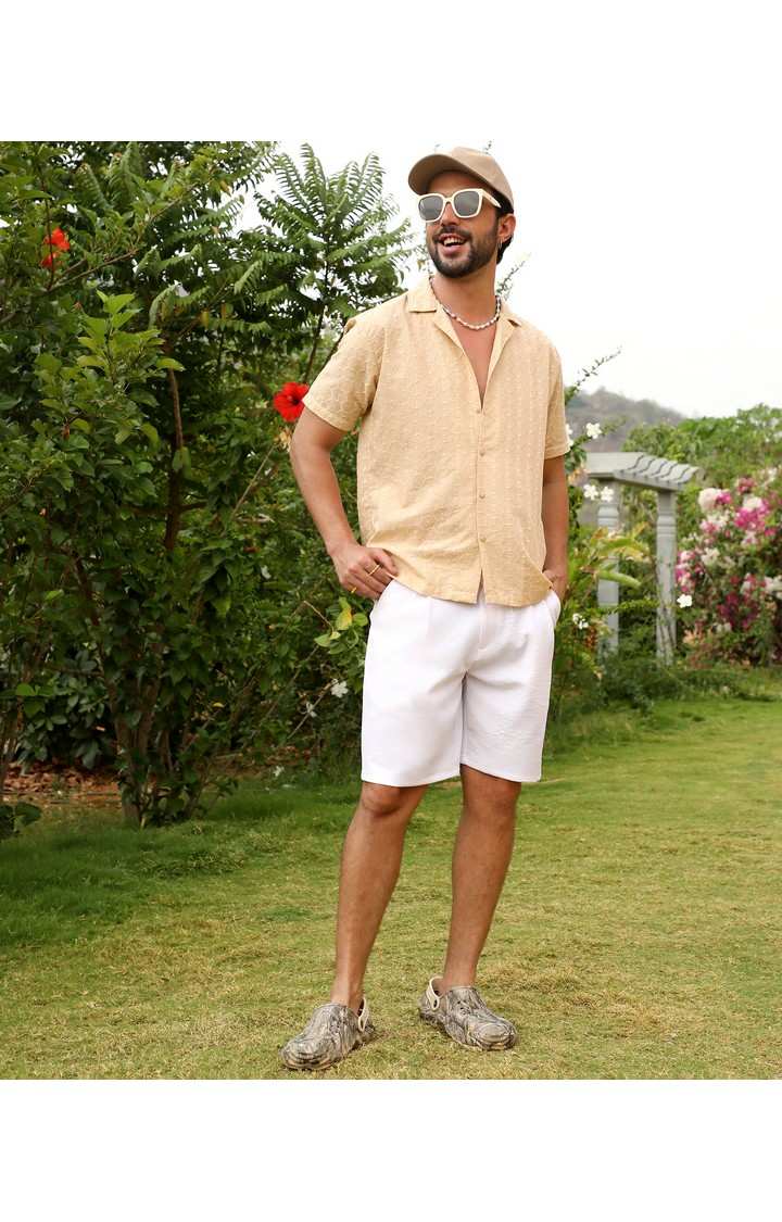 Men's Beige Embroidered Casual Shirts