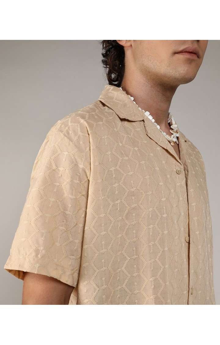 Men's Beige Embroidered Casual Shirts