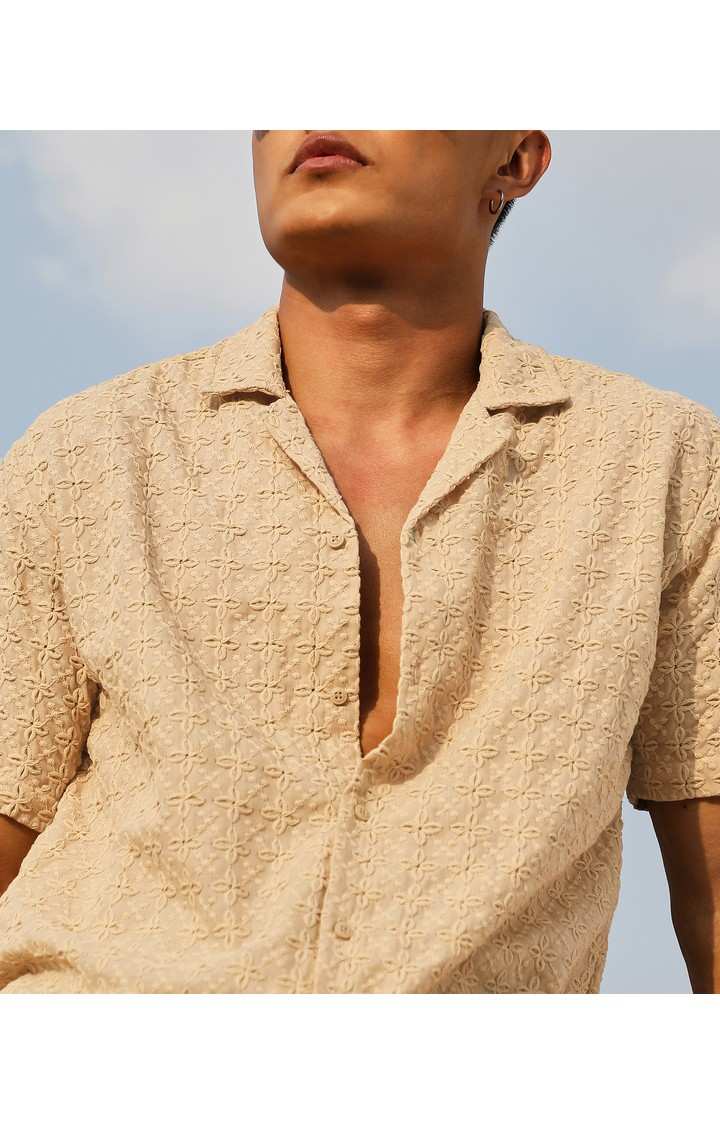 Men's Beige Embroidered Casual Shirts
