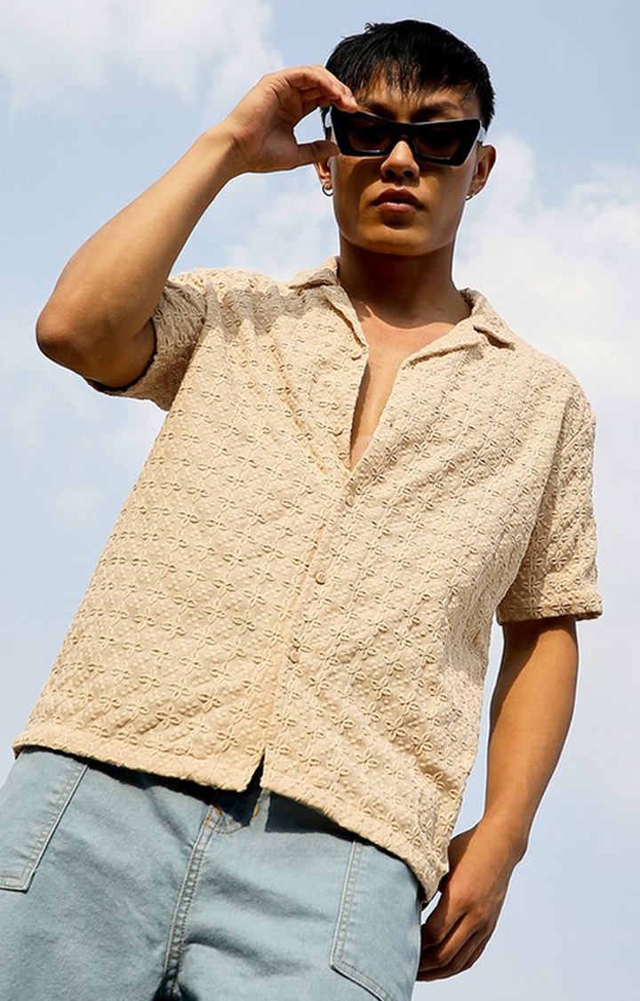 Men's Beige Embroidered Casual Shirts