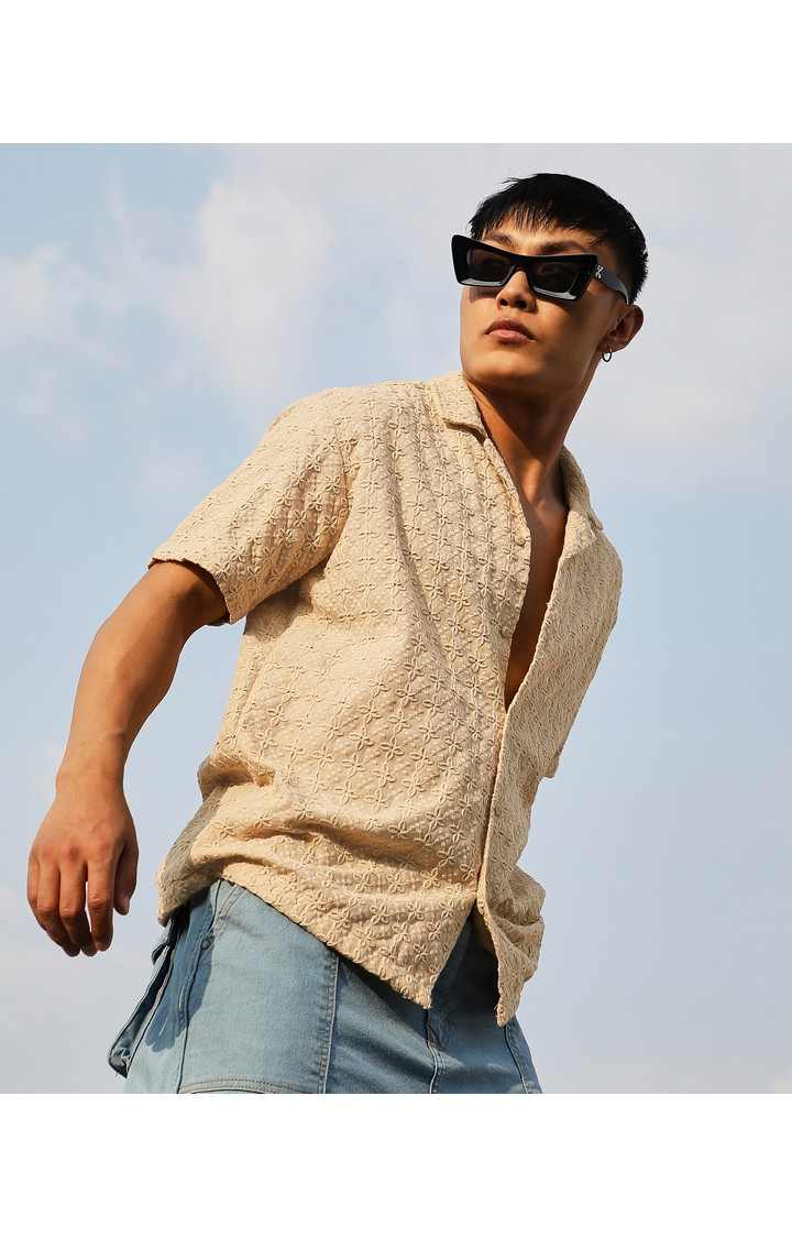 Men's Beige Embroidered Casual Shirts