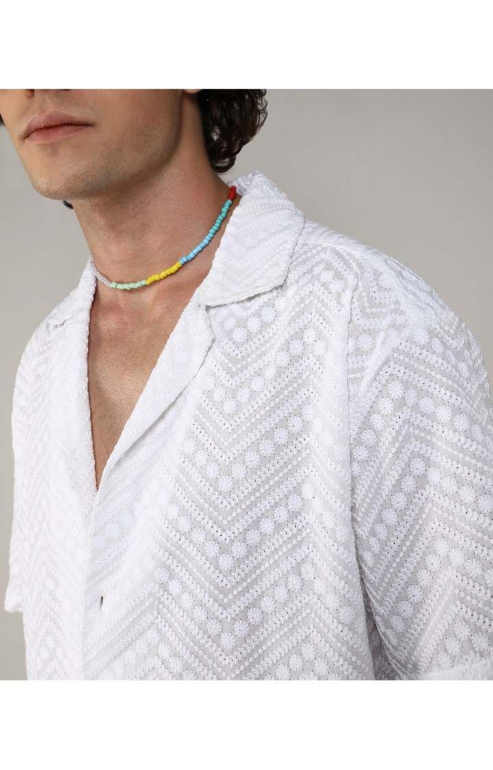 Men's White Embroidered Casual Shirts