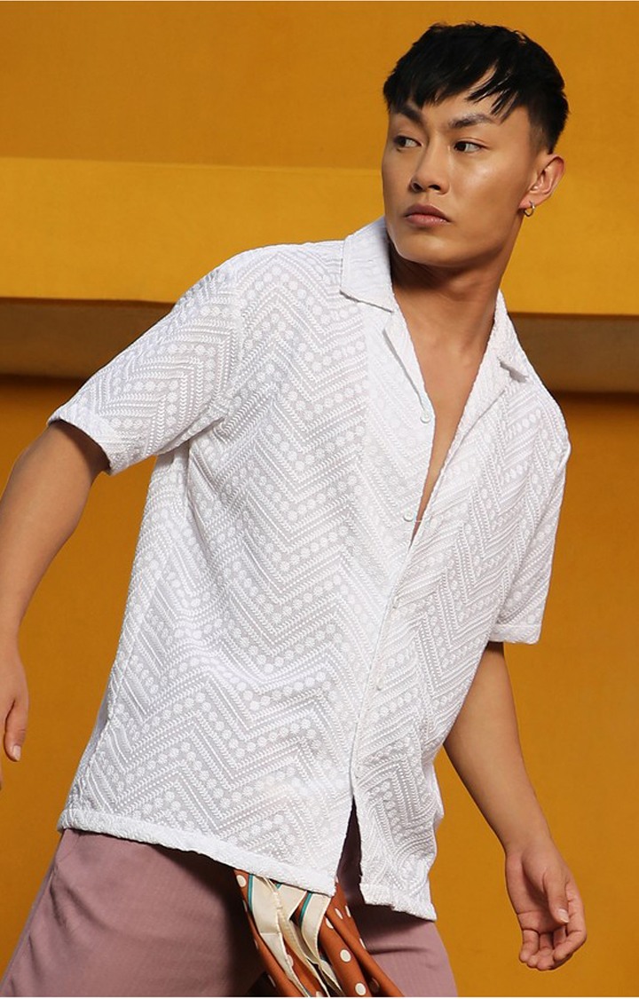 Men's White Embroidered Casual Shirts