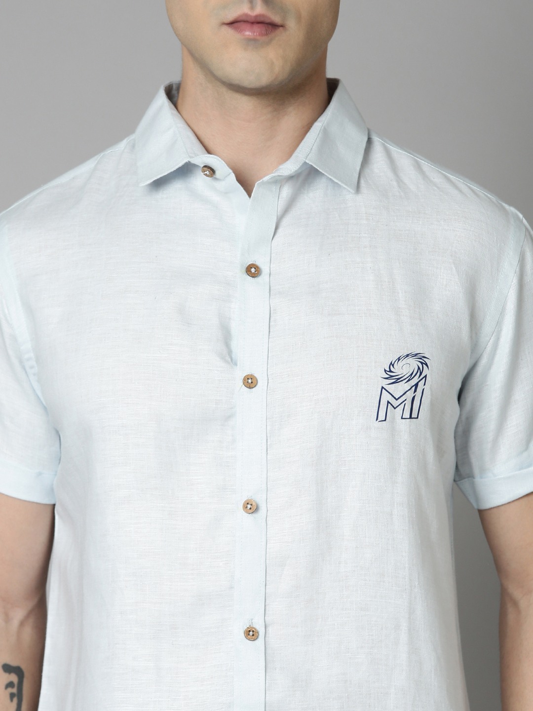 MI: Men Light Blue Back Printed Hemp Half Sleeves Shirt