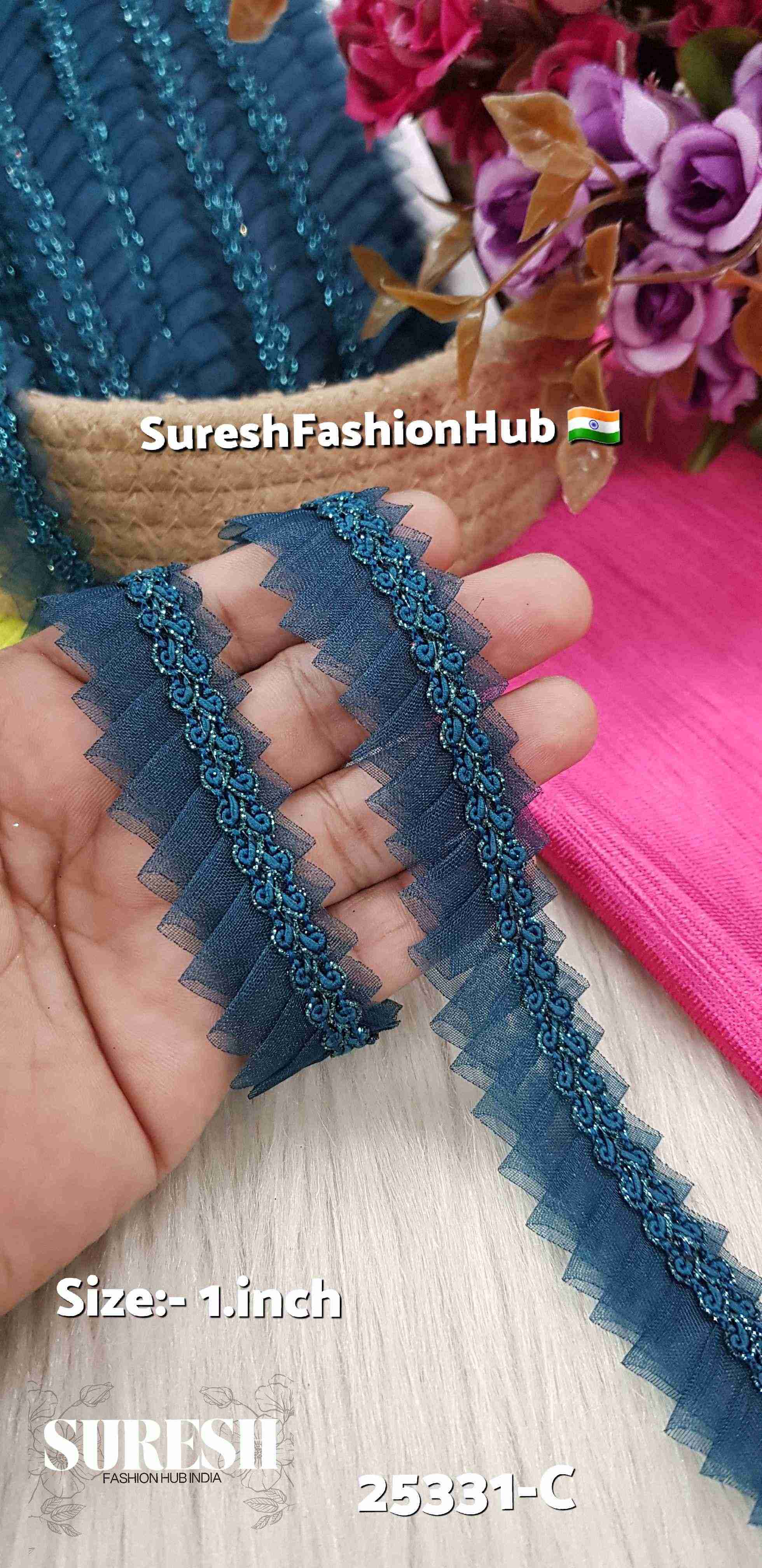 One Side Scallop Organza Jhalar Petrol Rama Lace | 25331-C