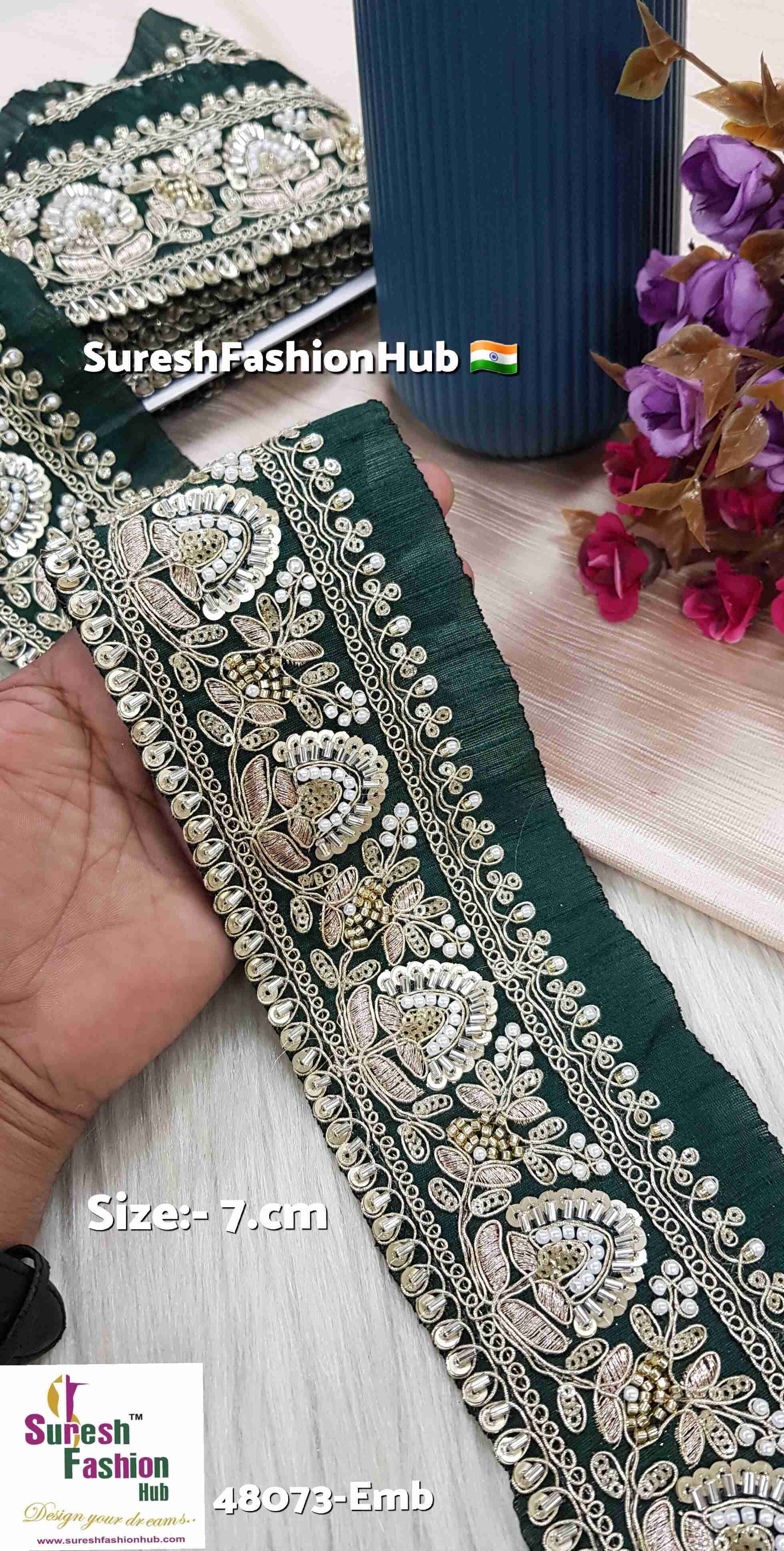 Bottle Green Pearl Gold Embroidery Floral Border Lace