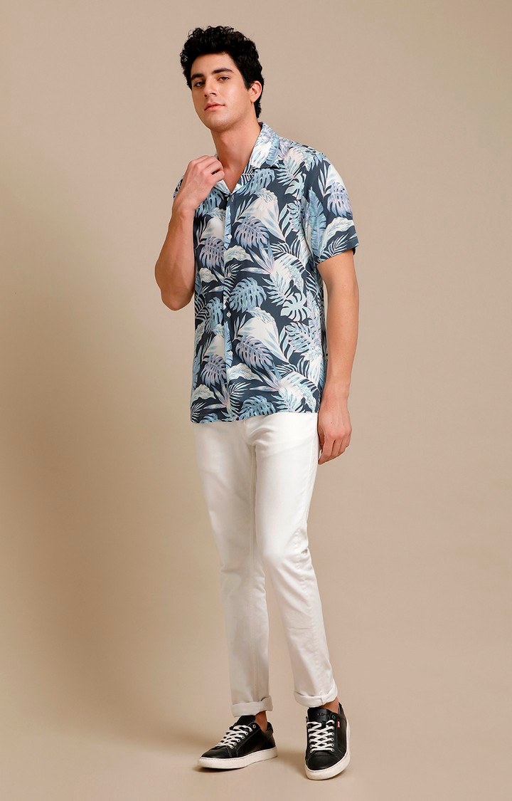 Men's Blue Cotton Tropical Casual Shirt