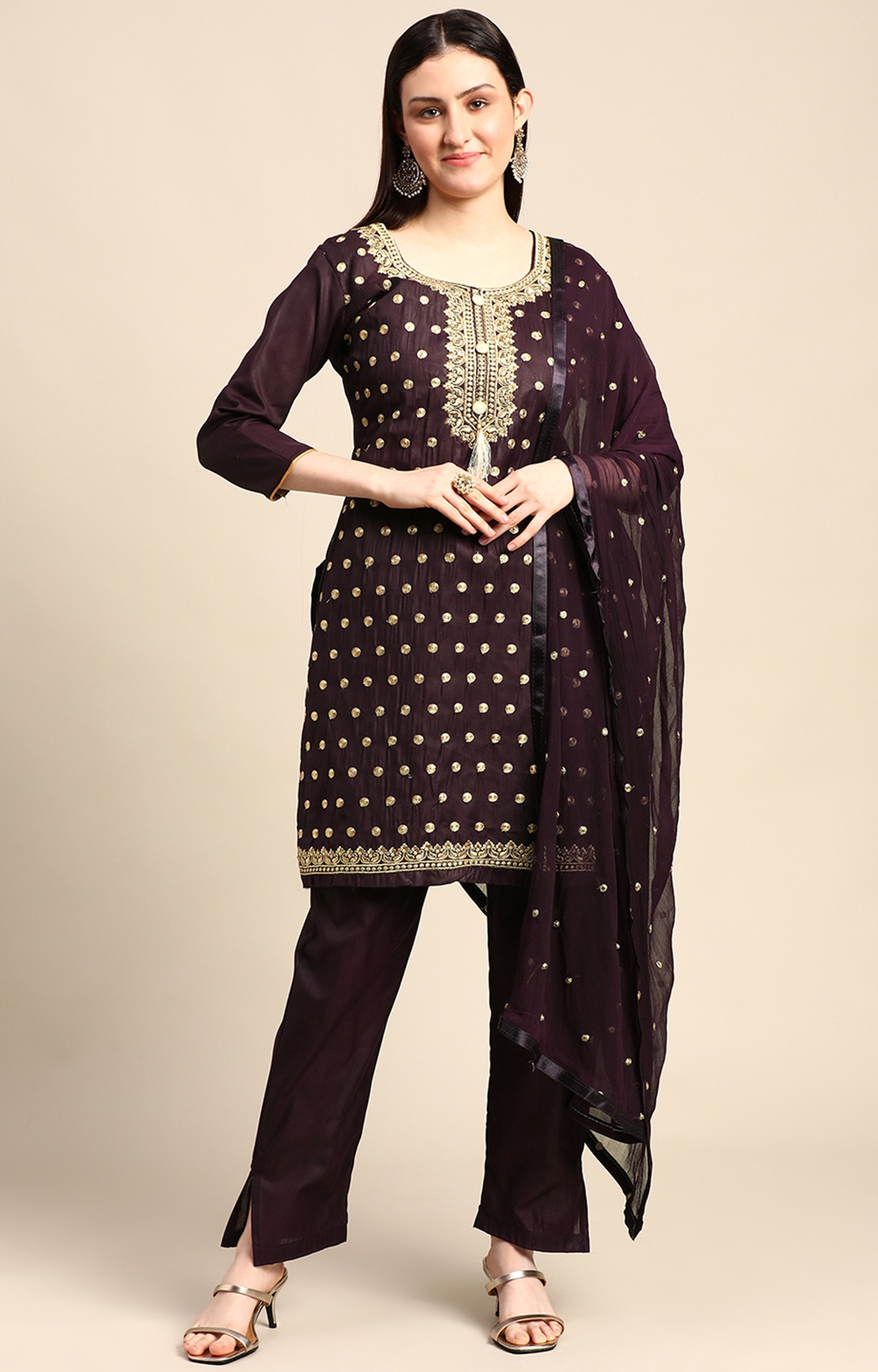 Shaily Women Wine Color Cotton Embroidered With Tessels Unstitched Dress Material-VF_JALGALU_WNE_DM